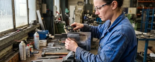 Un artisan en atelier mesure avec précision une plaque d'acier inoxydable à l'aide d'un pied à coulisse numérique, lumière naturelle latérale