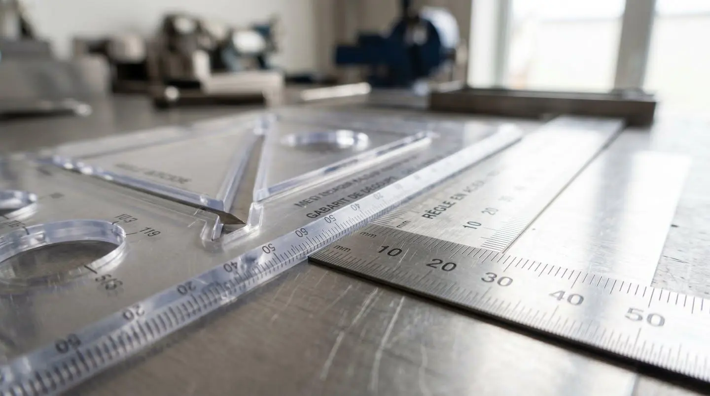 Gabarit personnalisé en plastique transparent posé sur une tôle d'acier avec tracés visibles et règle graduée à proximité, lumière naturelle