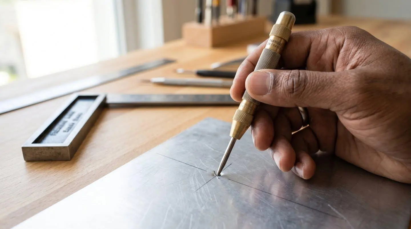 Utilisation d'un pointeau à tracer pour marquer un centre de perçage sur une plaque d'aluminium avec une équerre de précision en arrière-plan